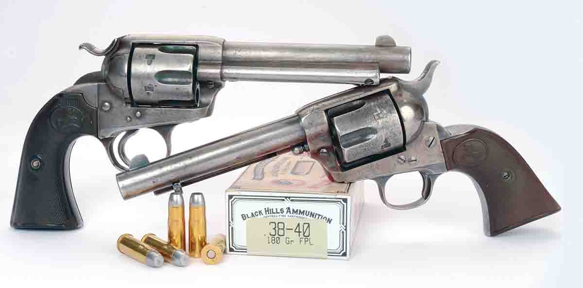 These two .38 WCFs include a Bisley (left) and a standard Colt Single Action Army (right). Both have 51⁄2-inch barrels.